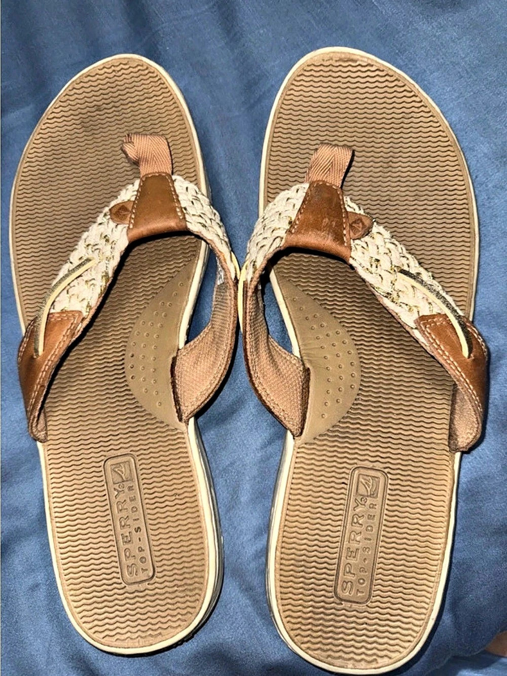 Sperry Seafish Flip Flop Sandal Women's Woven Strap Sandals in Brown & White